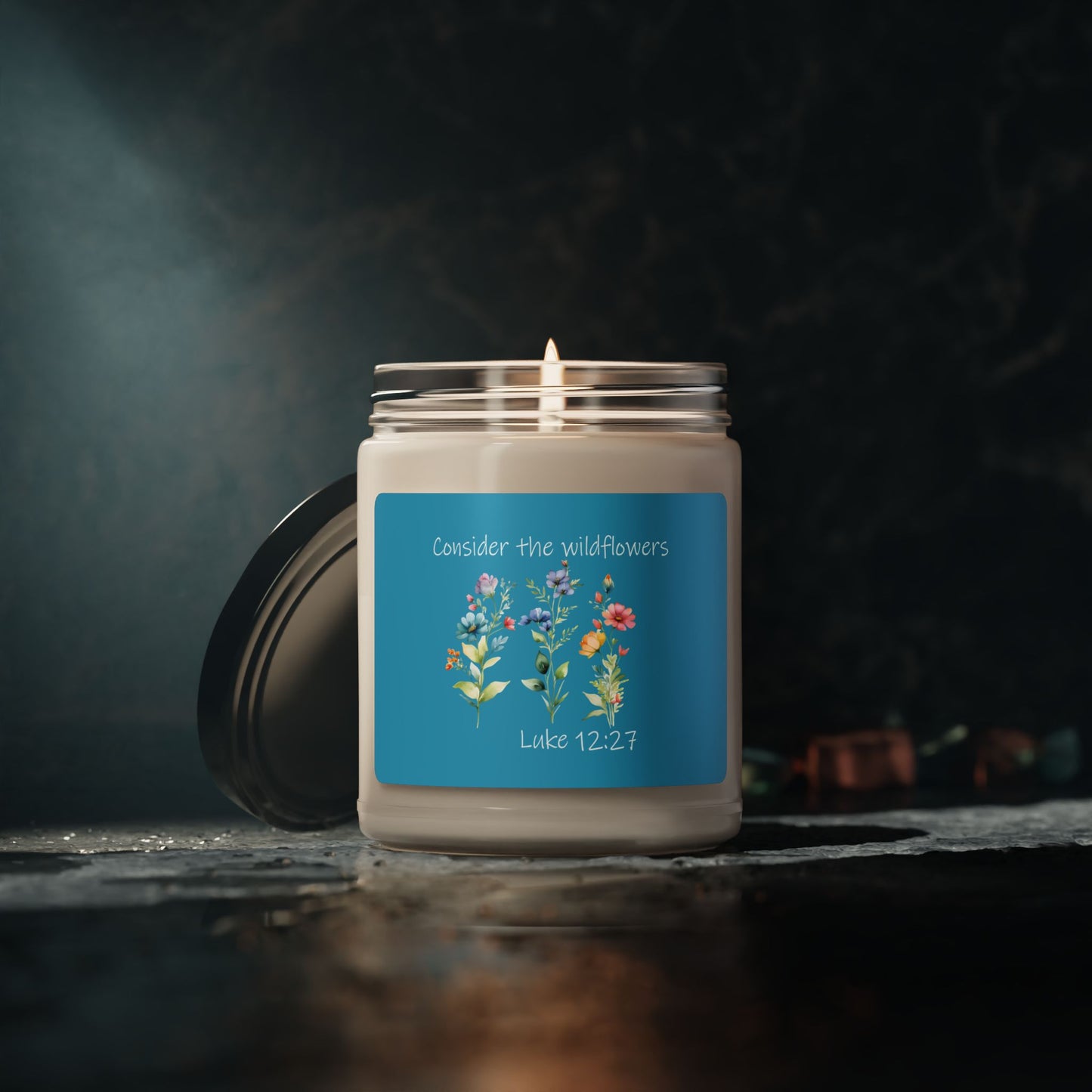 Blue Scented Soy Candle - Consider the Wildflowers Luke 12:27