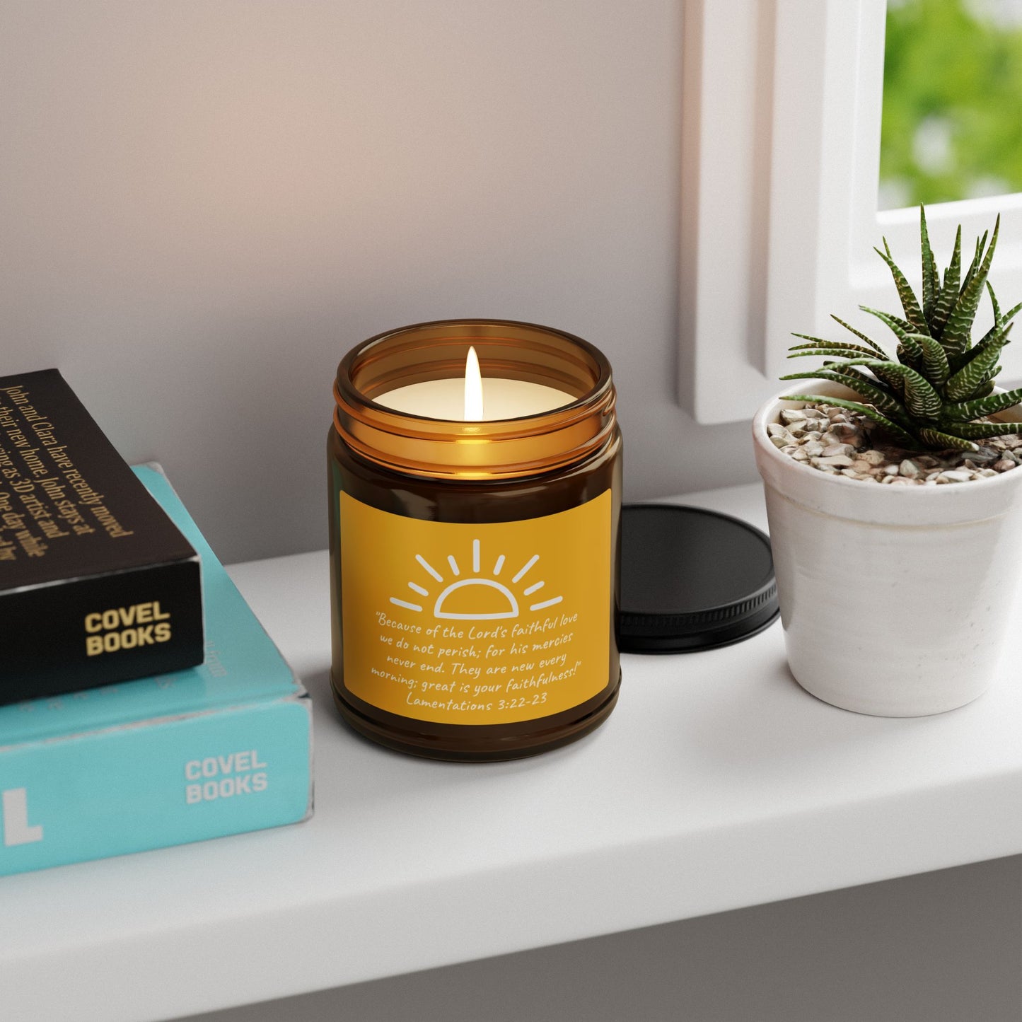 New Morning Mercies - Lamentations 3:22-23 Scented Soy Candle (Multi-Size, Amber Jar)